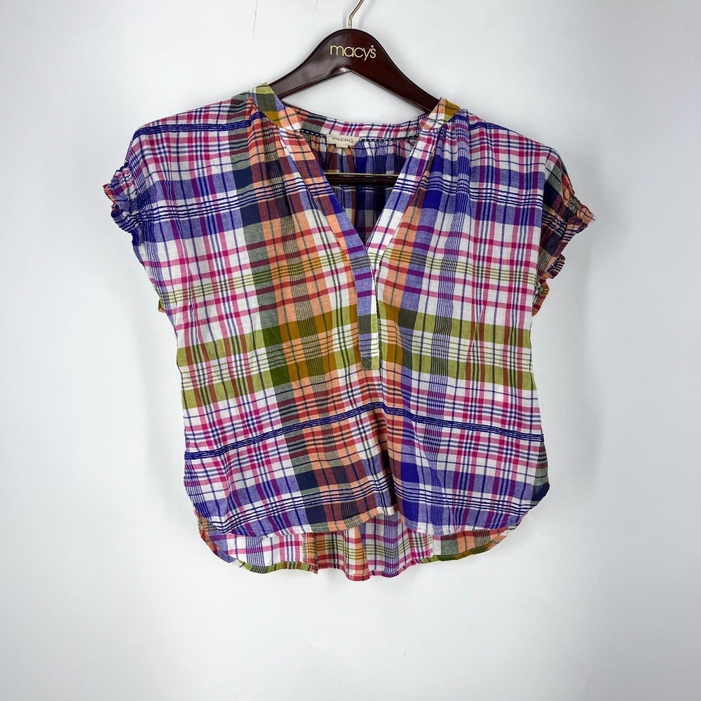 Pilcro Anthropologie Womens Plaid V-Neck Smocked Back Flutter Sleeve Top Multi
